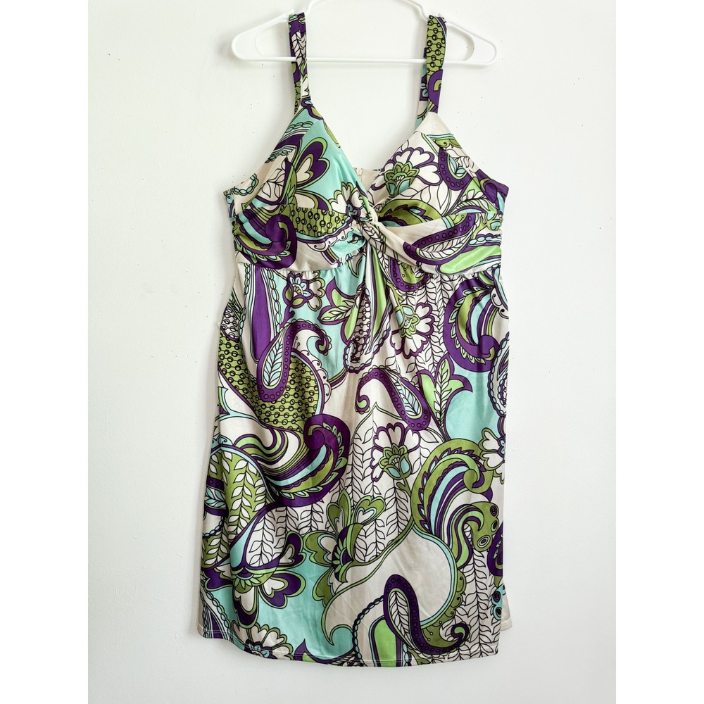 Vintage Y2K Women Paisley Floral Twist Front Sleeveless Dress Purple Teal, 16